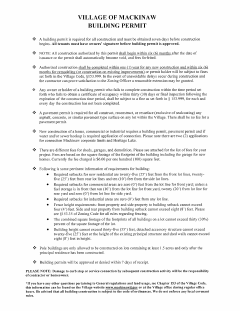First page of the New Construction Building Permit Package