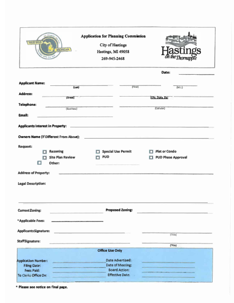 First page of the Application for Planning Commission