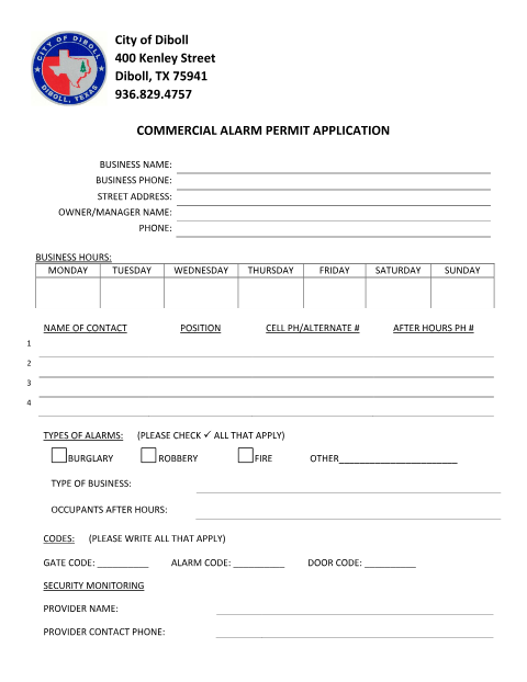 First page of the Commercial Alarm Permit Application