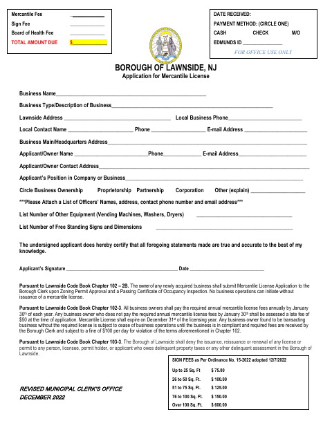 First page of the Application for Mercantile License