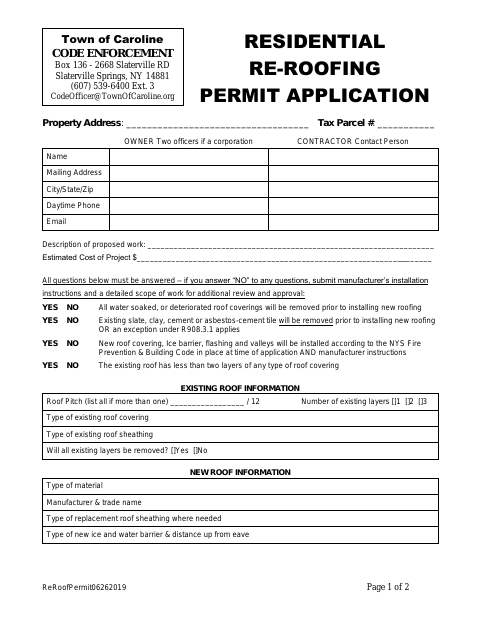 First page of the Residential Re-Roofing Permit Application