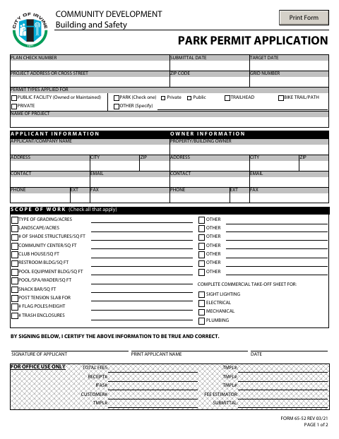 First page of the Park Permit Application