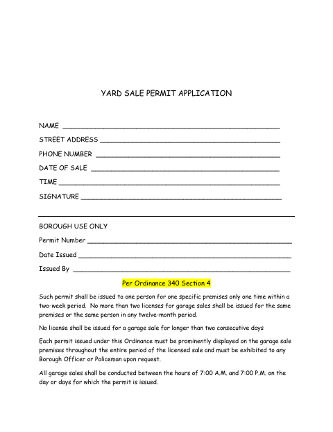 First page of the Yard Sale Permit Application