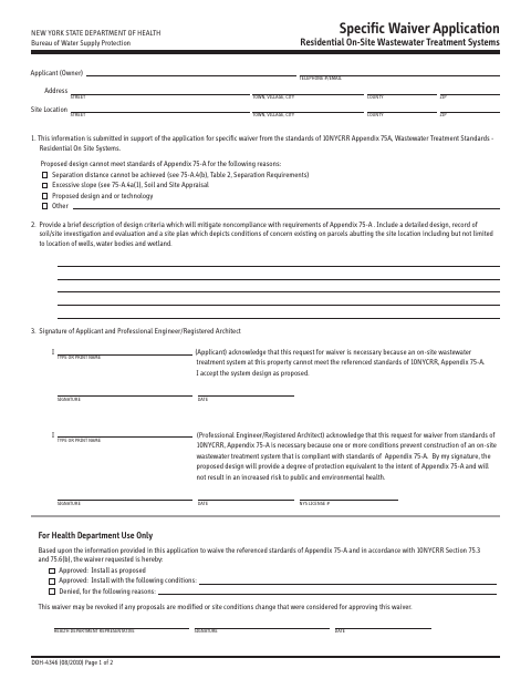 First page of the Specific Waiver Application for Residential On-Site Wastewater Treatment Systems