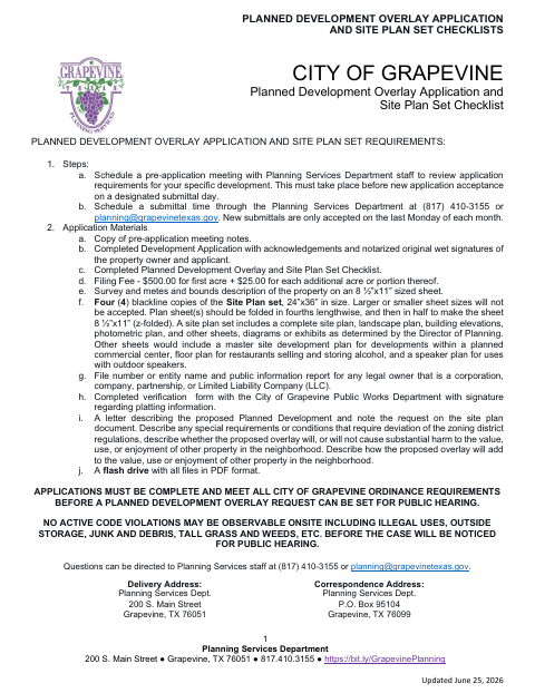 First page of the Planned Development Overlay Application and Site Plan Set Checklist