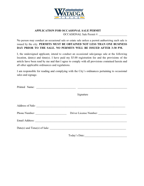 First page of the Occasional Sale Permit Application