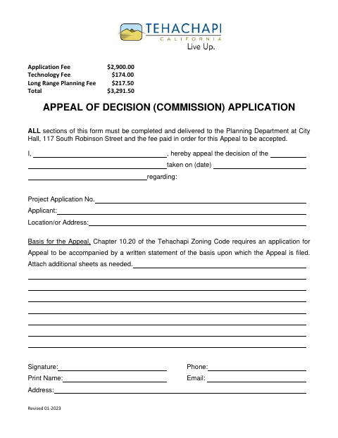 First page of the Appeal of Decision (Commission) Application
