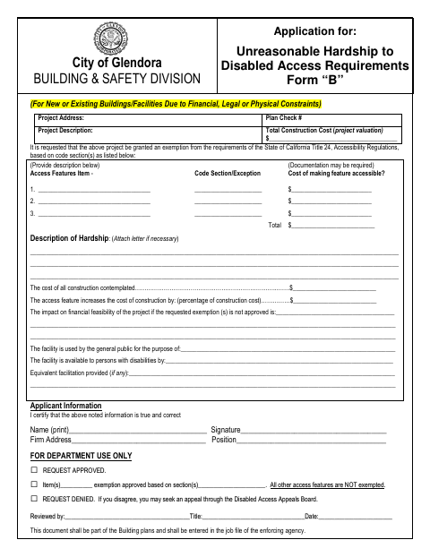 First page of the Unreasonable Hardship to Disabled Access Requirements Form B
