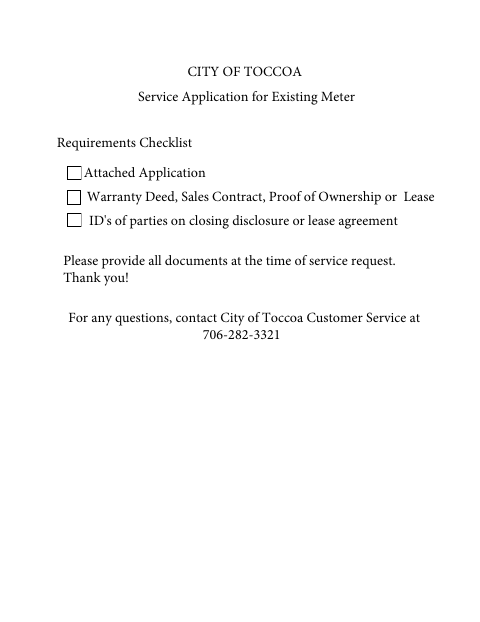 First page of the Service Application for Existing Meter