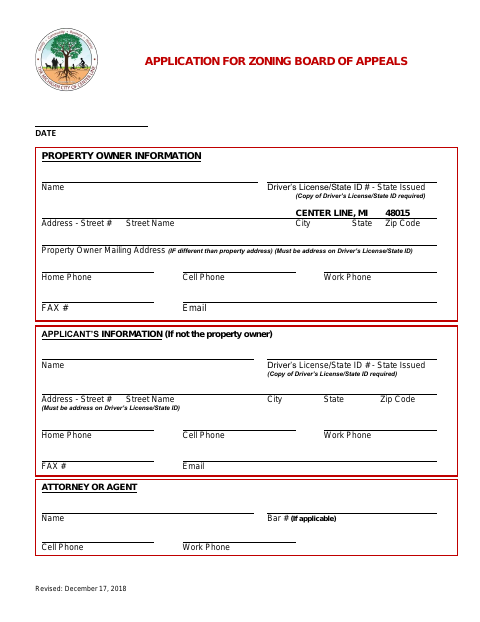 First page of the Application for Zoning Board of Appeals