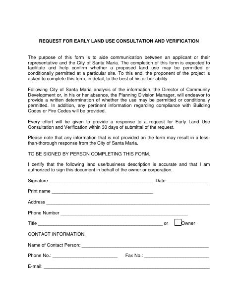 First page of the Request for Early Land Use Consultation and Verification
