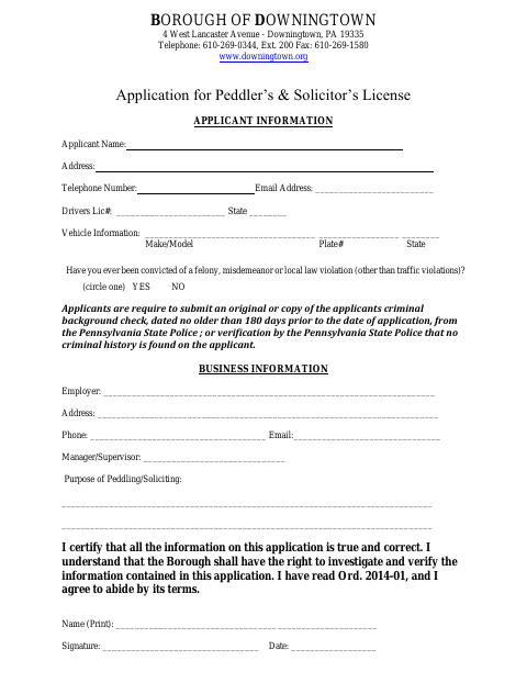 First page of the Peddler’s & Solicitor’s License Application