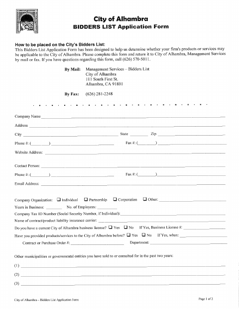 First page of the Bidders List Application