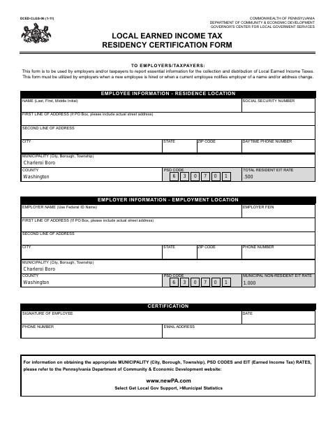 First page of the Local Earned Income Tax Residency Certification Form