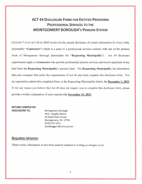 First page of the Act 44 Disclosure Form for Entities Providing Professional Services to Montgomery Borough’s Pension System