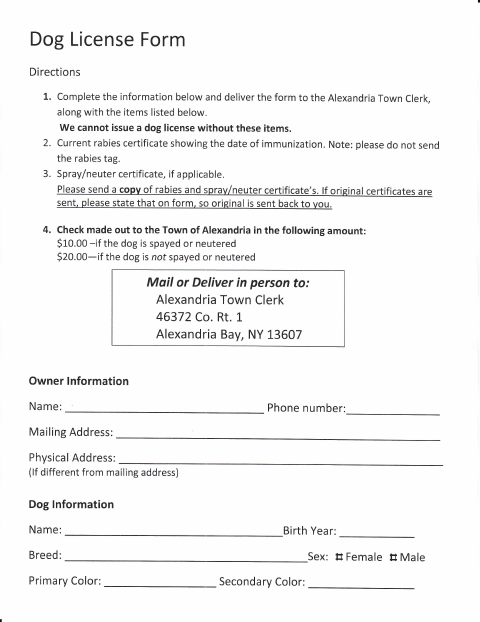 First page of the Dog License Form