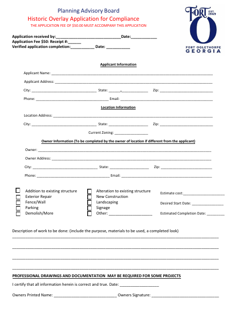 First page of the Historic Overlay Compliance Application