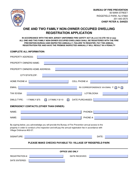 First page of the One and Two Family Non-Owner Occupied Dwelling Registration Application