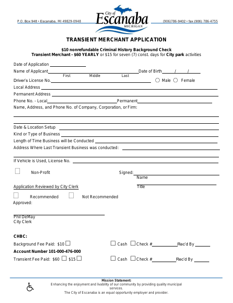 First page of the Transient Merchant Application