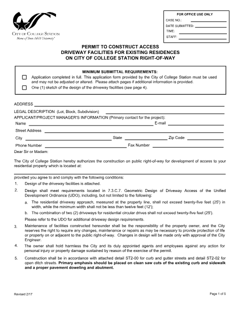 First page of the Permit to Construct Access Driveway Facilities for Existing Residences