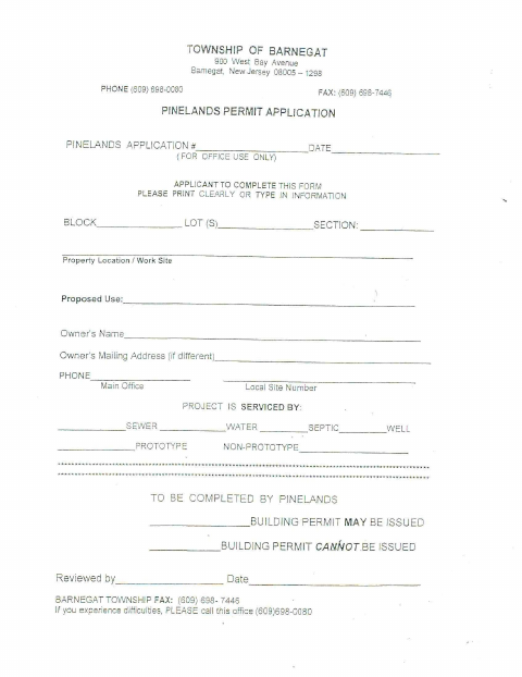 First page of the Pinelands Permit Application