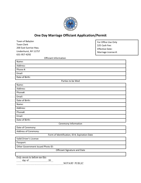 First page of the One Day Marriage Officiant Application