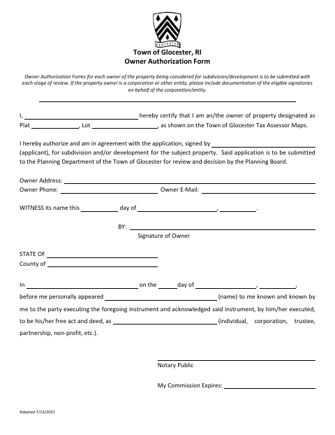 First page of the Planning Owner Authorization Form