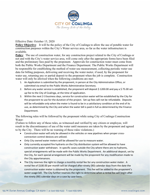 First page of the Construction Water Application