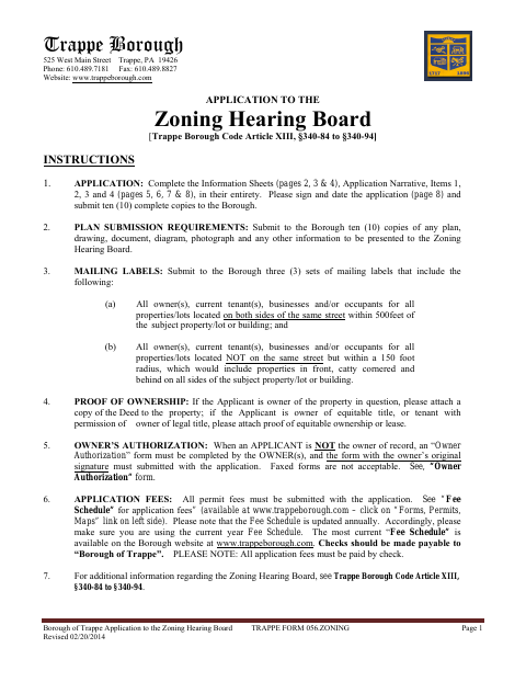 First page of the Application to the Zoning Hearing Board