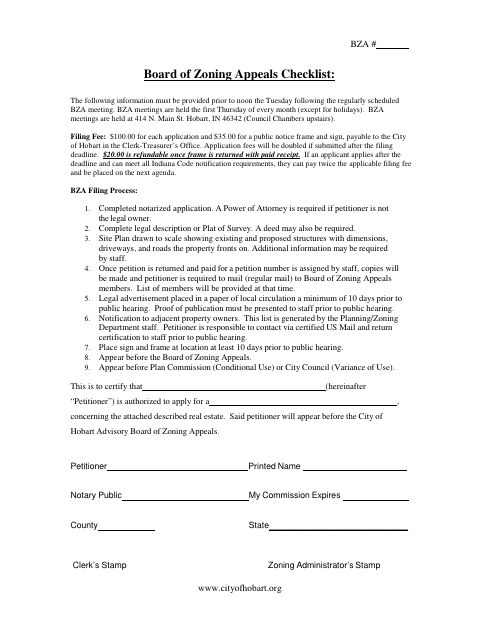 First page of the Board of Zoning Appeals Application