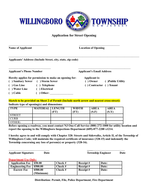 First page of the Application for Street Opening