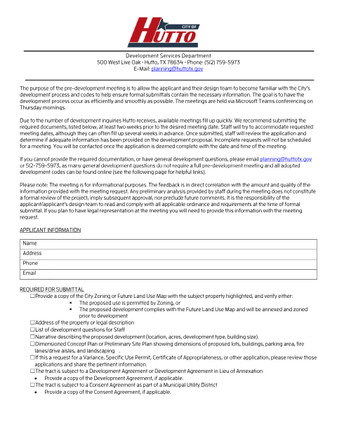 First page of the Pre-Development Meeting Application