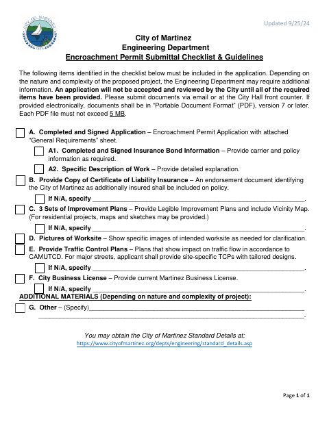 First page of the Encroachment Permit Submittal Checklist & Guidelines
