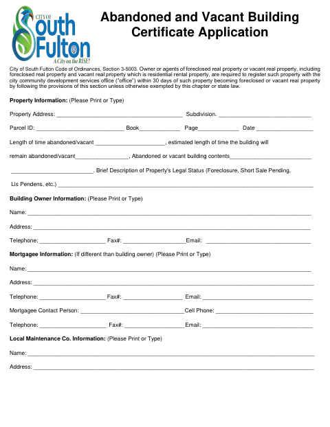 First page of the Abandoned and Vacant Building Certificate Application