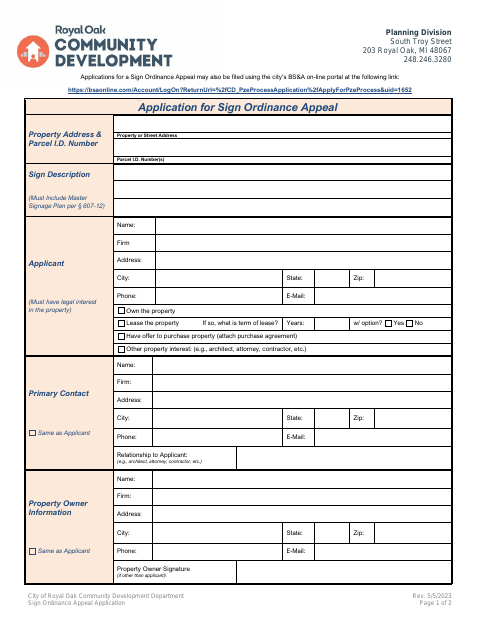 First page of the Sign Ordinance Appeal Application
