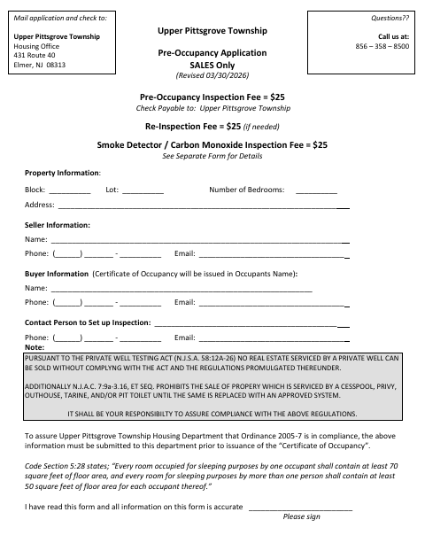 First page of the Pre-Occupancy Application (Sales Only)