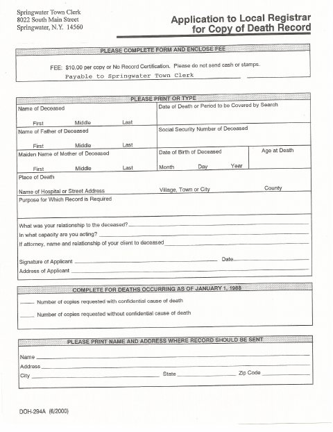 First page of the Death Certificate Application