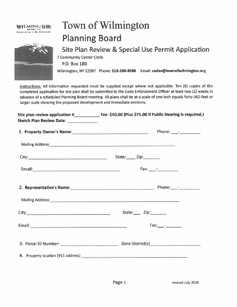 First page of the Site Plan Review & Special Use Permit Application