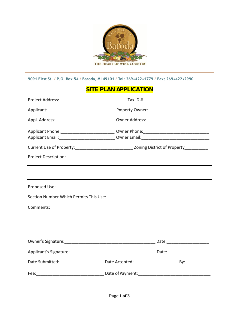 First page of the Site Plan Application
