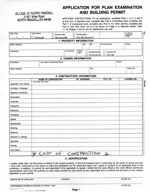 First page of the Plan Examination and Building Permit Application