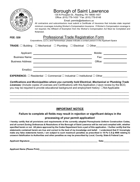 First page of the Professional Trade Registration Form