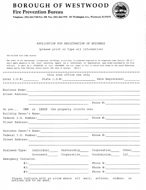 First page of the Fire Prevention Application for Registration of Business