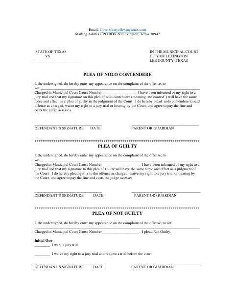 First page of the Plea Form