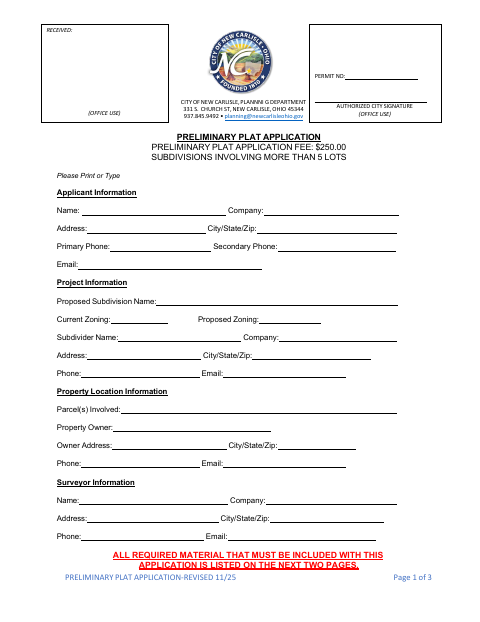 First page of the Preliminary Plat Application