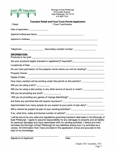 First page of the Transient Retail and Food Truck Permit Application