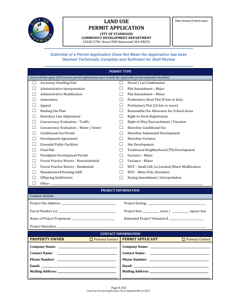 First page of the Land Use Permit Application