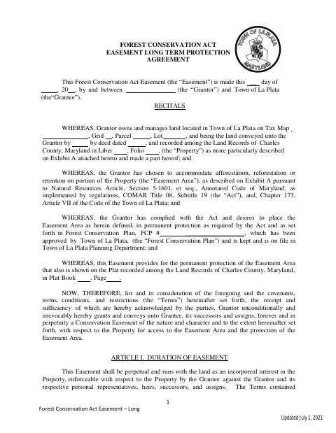 First page of the Forest Conservation Act Easement Long-Term Protection Agreement