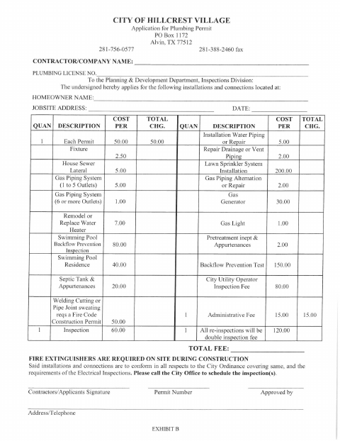 First page of the Plumbing Permit Application