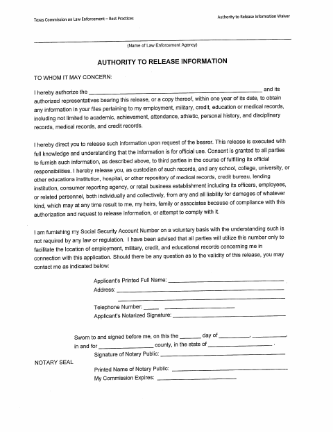 First page of the Police Employment Application and Information Release