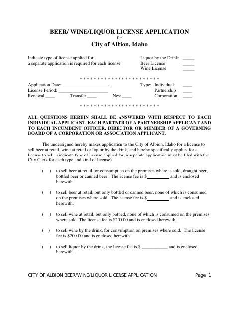 First page of the Beer, Wine, and Liquor License Application